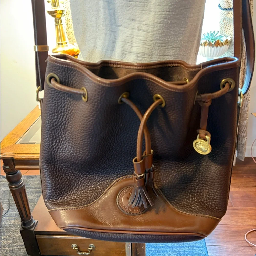 Vintage Dooney & Bourke Brown Pebbled Leather Bucket Bag